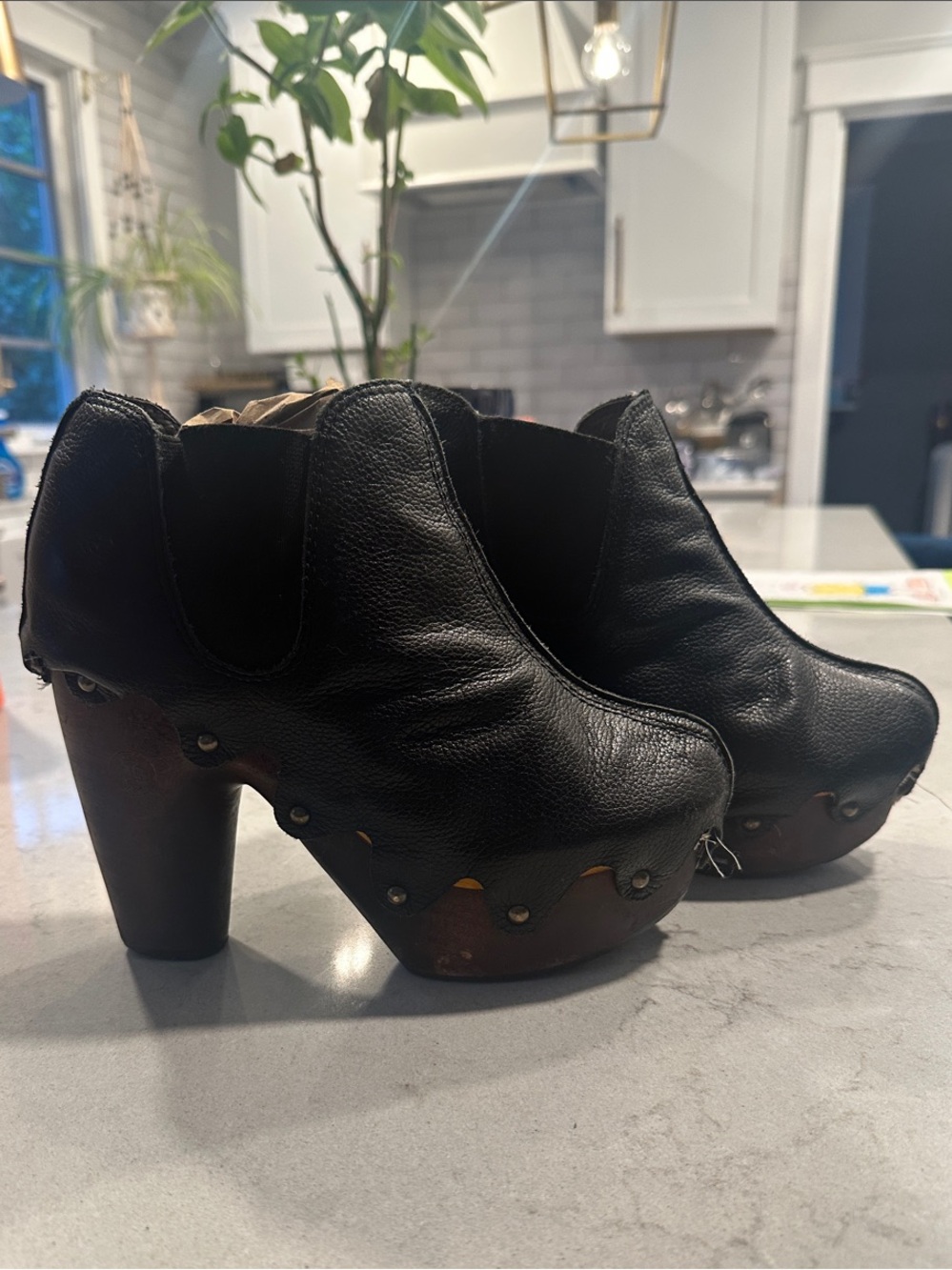 Flogg Black Leather Studded Clog Heels - size 8